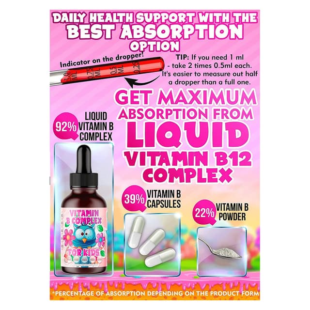 Комплекс витаминов группы В для детей, жидкие сублингвальные веганские капли — добавка премиум-класса Витамины группы В b12, b6, b5, b3 и b2 — быстрое усвоение для естественной энергии, иммунной системы и поддержки умственной концентрации