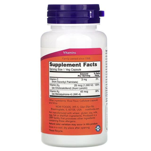 Now Foods, Витамины D-3 и K-2, 45 мкг (1000 МЕ), 120 вегетарианских капсул
