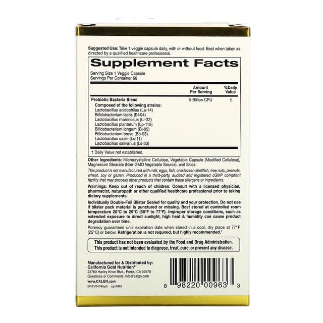 California Gold Nutrition, LactoBif, пробиотики, 5 млрд КОЕ, 60 растительных капсул