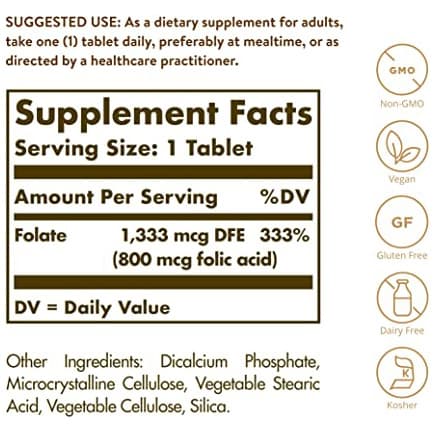 Solgar Folate 1333 мкг DFE, 100 таблеток - 800 мкг биоактивного метафолина - Здоровье сердца - без ГМО, веганский, без глютена, без молочных продуктов, кошерный - 100 порций