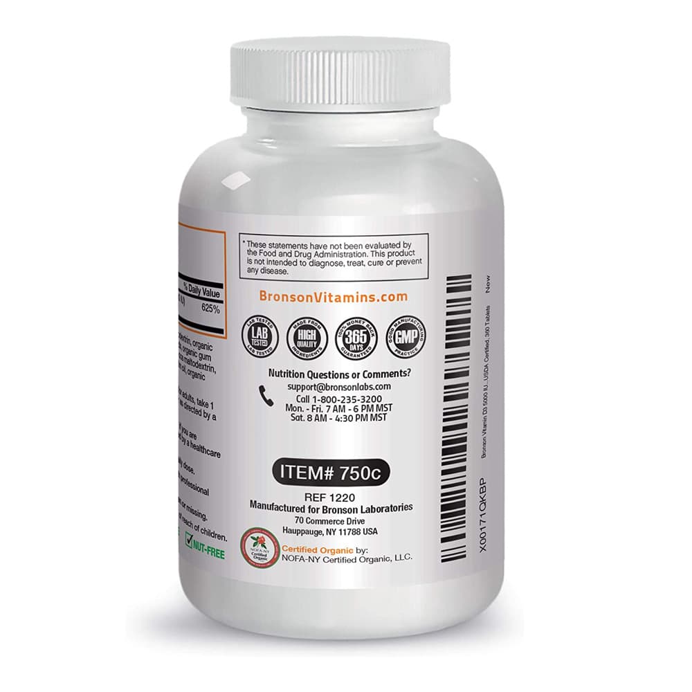 Bronson Vitamin D3 5000 МЕ для поддержки иммунитета, здоровой функции мышц и здоровья костей, высокоэффективная органическая добавка витамина D без ГМО, 360 таблеток