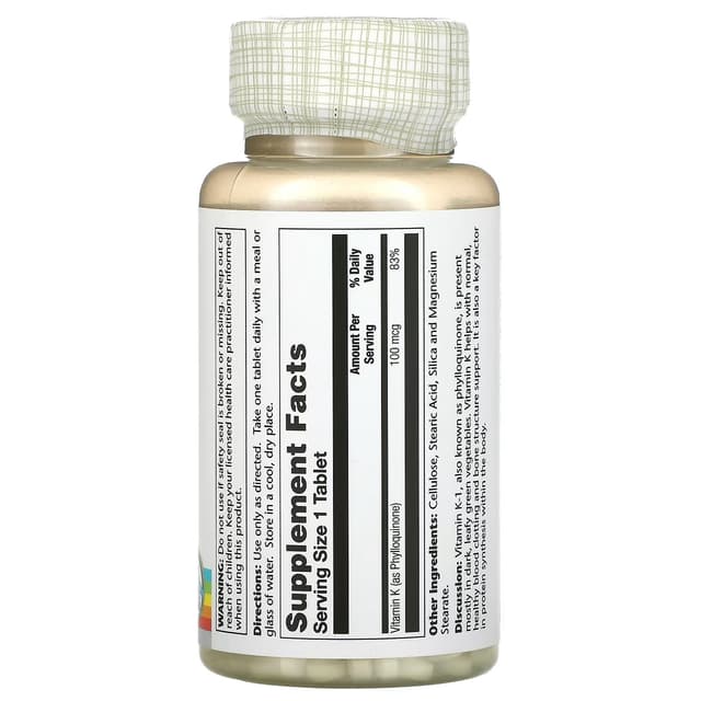 Solaray, витамин К, 100 мкг, 100 таблеток