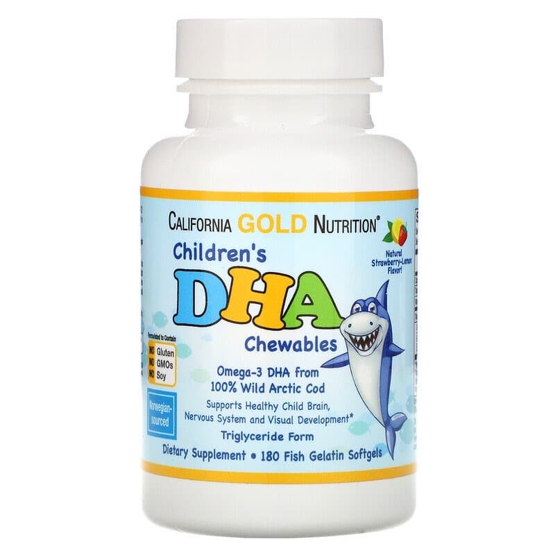 California Gold Nutrition, ДГК для детей в форме жевательных таблеток, 100% дикая арктическая треска, со вкусом клубники и лимона, 180 мягких таблеток из рыбьего желатина