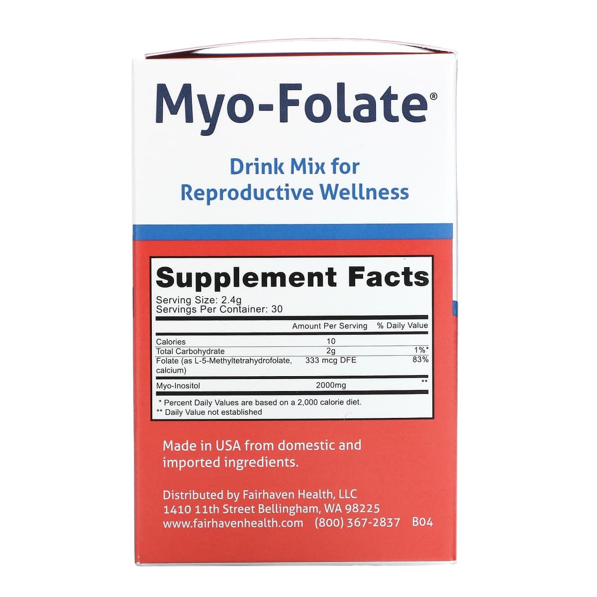Fairhaven Health, мио-фолат, смесь для приготовления напитка для здоровья репродуктивной системы, без ароматизаторов, 30 пакетиков по 2,4 г