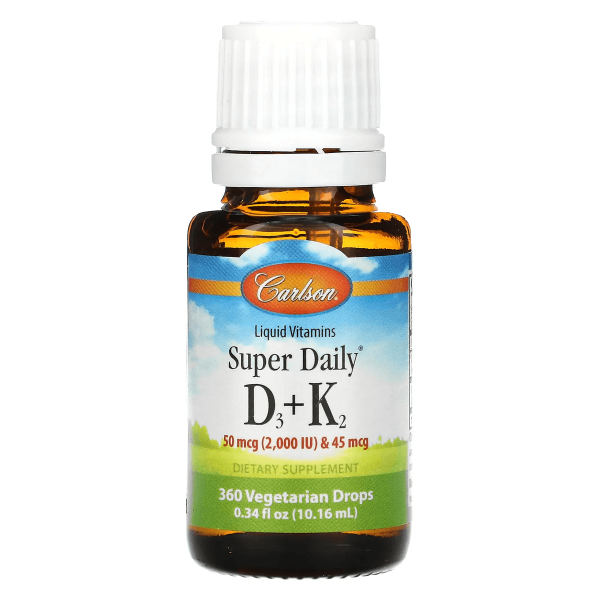 Carlson Labs, Super Daily витамины D3 и K2 в жидкой форме, 25 мкг (2000 МЕ) и 22,5 мкг, растительная формула, 360 вегетарианских капель, 10,16 мл