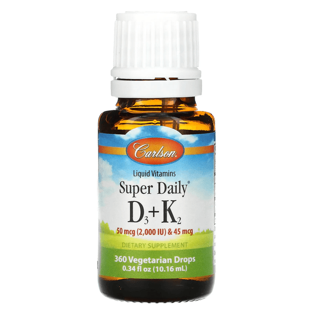 Carlson Labs, Super Daily витамины D3 и K2 в жидкой форме, 25 мкг (2000 МЕ) и 22,5 мкг, растительная формула, 360 вегетарианских капель, 10,16 мл