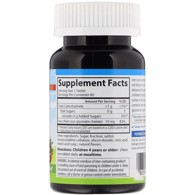 Carlson Labs, Детские жевательные таблетки с железом, натуральный клубничный ароматизатор, 15 мг, 60 таблеток