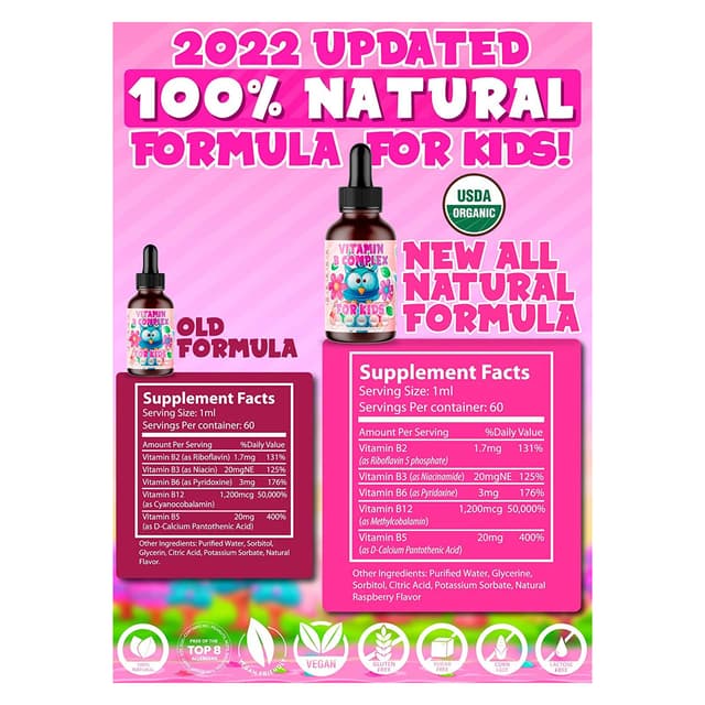 Комплекс витаминов группы В для детей, жидкие сублингвальные веганские капли — добавка премиум-класса Витамины группы В b12, b6, b5, b3 и b2 — быстрое усвоение для естественной энергии, иммунной системы и поддержки умственной концентрации
