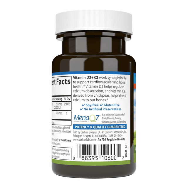 Carlson Labs Витамин D3 + K2, усвоение кальция, здоровая работа сердечно-сосудистой системы, 2000 IU, 60 штук