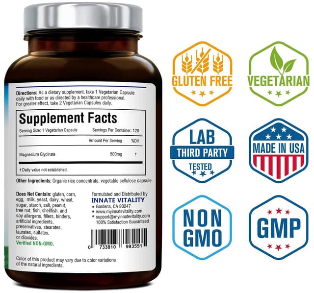 Глицинат магния 500 мг на капсулы, 120 растительных капсул, хелатный для максимального усвоения, без ГМО, без глютена, молочных продуктов и сои, поддерживает здоровье мышц, суставов и сердца