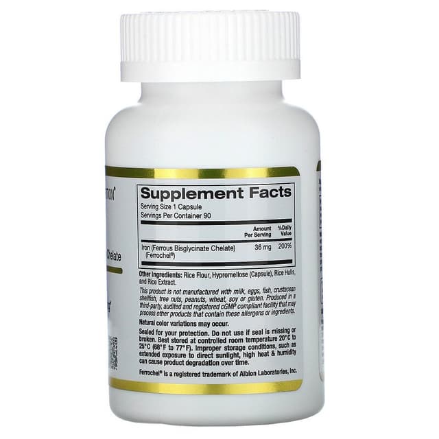 California Gold Nutrition, Ferrochel, железо (бисглицинат), 36 мг, 90 вегетарианских капсул