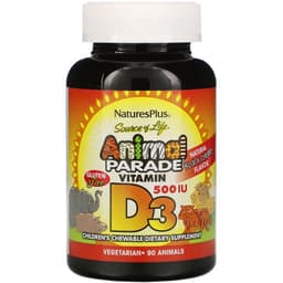 Nature's Plus, Source of Life, Animal Parade, витамин D3, со вкусом натуральной черемухи, 500 МЕ, 90 таблеток в форме животных