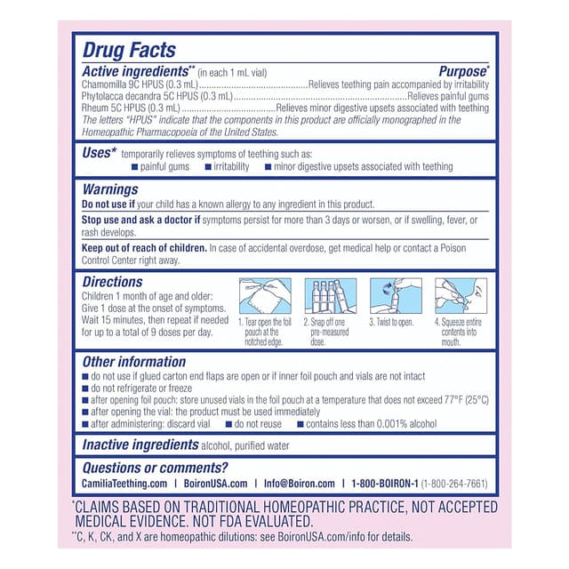 Boiron, Camilia, средство для снятия боли при прорезывании зубов, для младенцев от 1 месяца и старше, 15 заранее отмеренных жидких доз, 1 мл (0,34 унций) порция