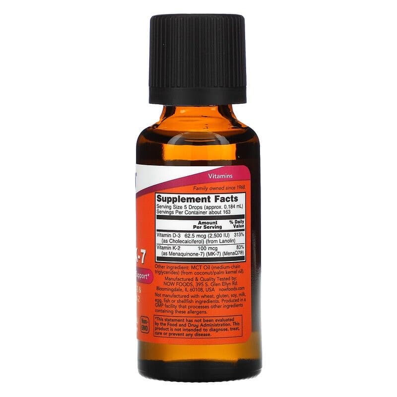 Now Foods, Жидкие D-3 и MK-7, 2500 IU 100 mg K2 (30 мл)