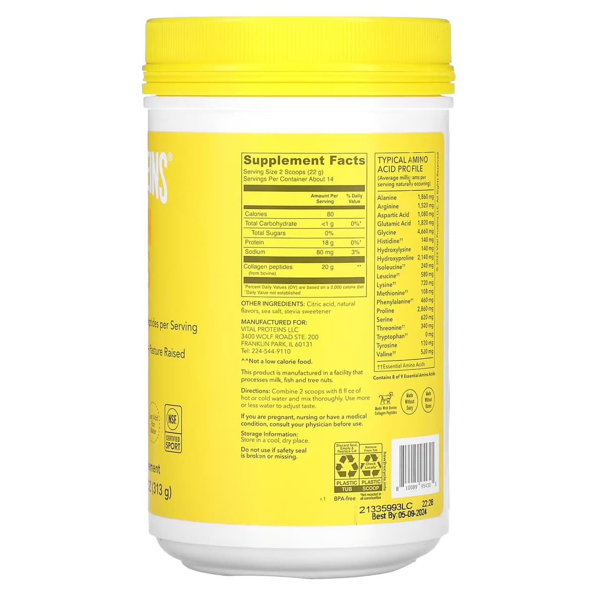 Vital Proteins, Коллагеновые пептиды, лимон, 313 г