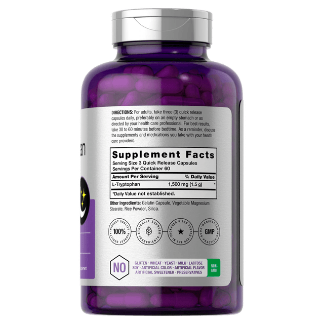 Horbaach - L триптофан 1500 мг капсулы | 180 единиц | Ночная формула | Добавка без ГМО и глютена