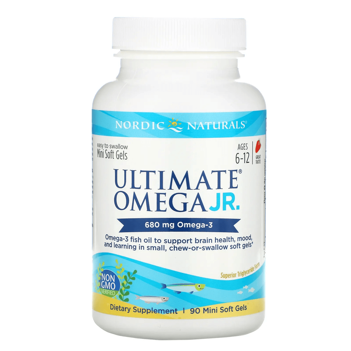 Nordic Naturals, Ultimate Omega Junior, для детей от 6 до 12 лет, со вкусом клубники, 340 мг, 90 мини-капсул