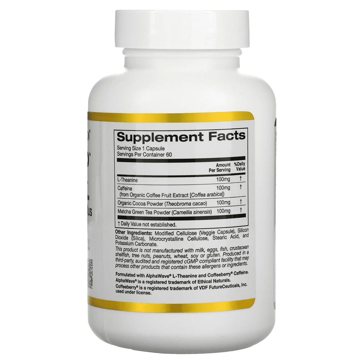 California Gold Nutrition, TheanineUP, сфокусированная энергия, L-теанин и кофеин, 60 растительных капсул