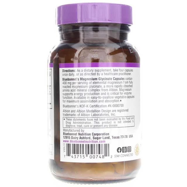 Глицинат магния Bluebonnet 400 мг, 60 вегетарианских капсул