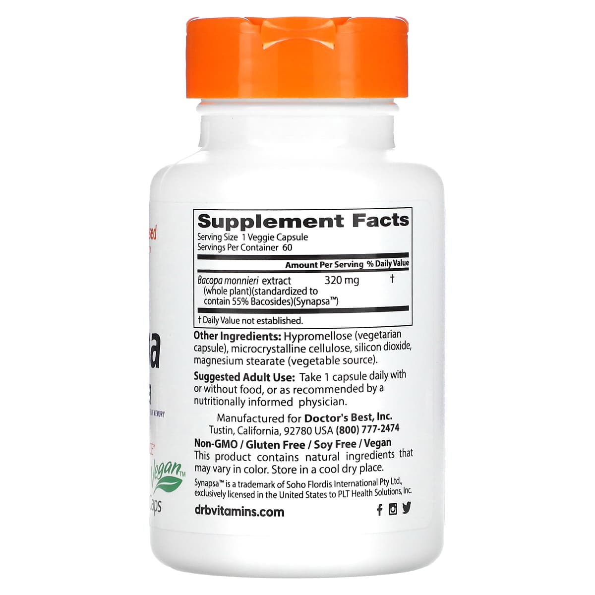 Doctor's Best, бакопа с Synapsa, 320 мг, 60 вегетарианских капсул