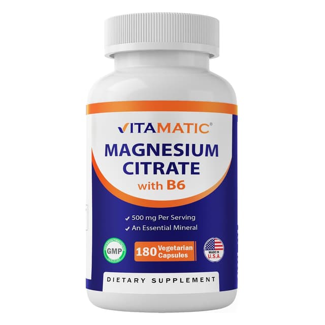 Цитрат магния Vitamatic 500 мг на порцию - 180 капсул, добавлен витамин B6 для максимального усвоения