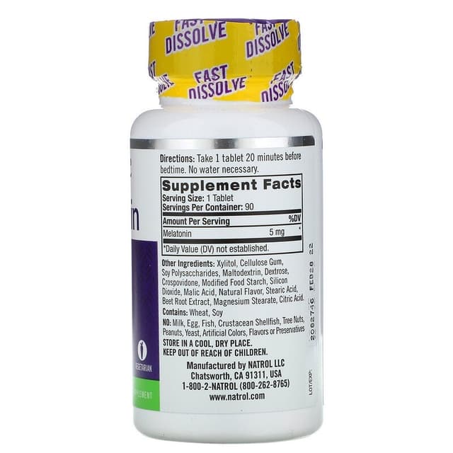 Natrol, Мелатонин, быстрорастворимый, клубника, 5 мг, 90 таблеток