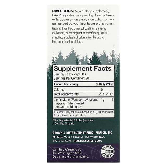 Fungi Perfecti Host Defense, ежовик гребенчатый, поддержка памяти и нервной системы, 60 вегетарианских капсул