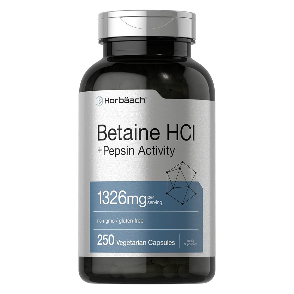 Horbaach - Бетаин HCl с пепсином | 1000 мг | 250 капсул | Добавка бетаина гидрохлорида | с протеазой | Без ГМО, без глютена, вегетарианский |