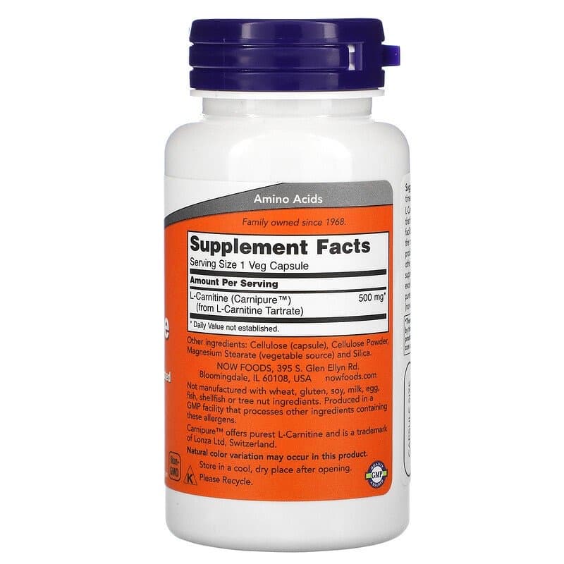 Now Foods, L-карнитин, 500 мг, 60 растительных капсул