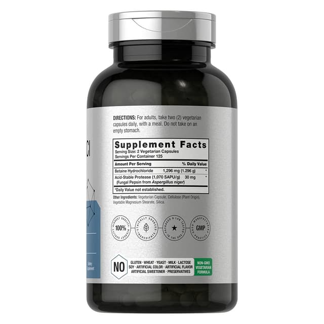 Horbaach - Бетаин HCl с пепсином | 1000 мг | 250 капсул | Добавка бетаина гидрохлорида | с протеазой | Без ГМО, без глютена, вегетарианский |