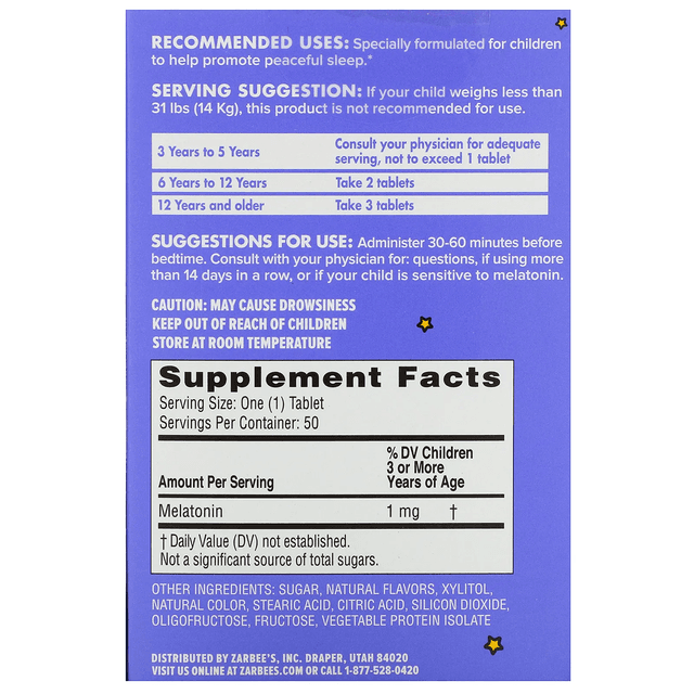 Zarbee's, Детские таблетки для улучшения сна с мелатонином, натуральный виноградный вкус, для детей от 3 лет,50 жевательных таблеток