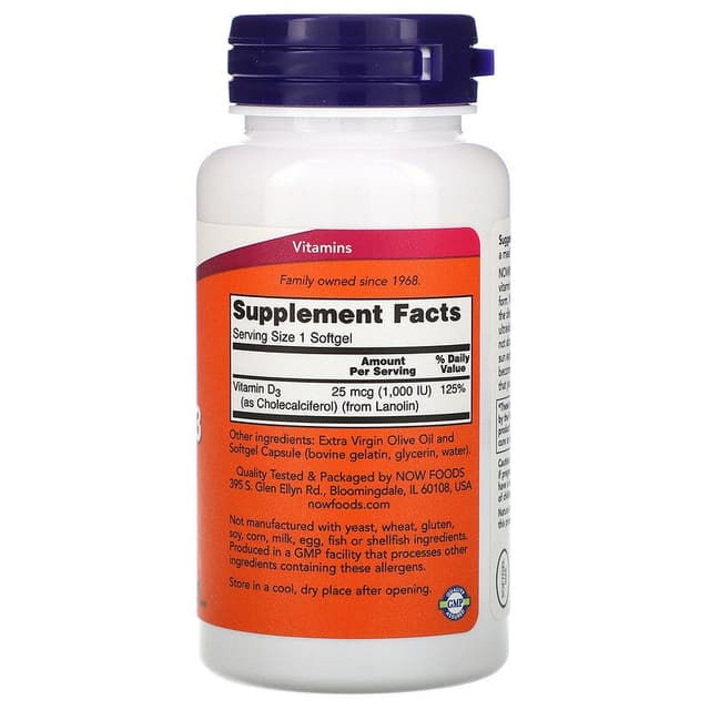 Now Foods, Витамин D3 High Potency, 25 мкг (1000 МЕ), 180 мягких таблеток