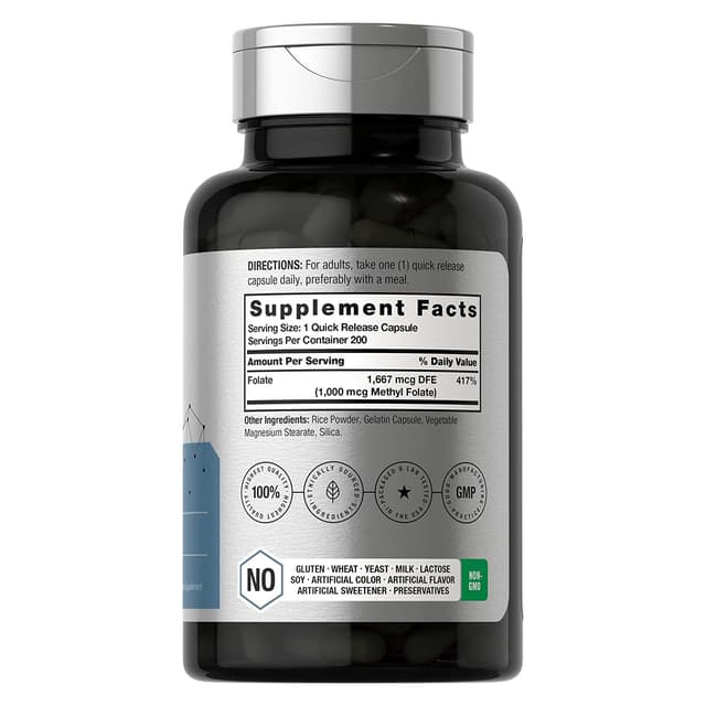 Horbaach - Метилфолат 1000 мкг, 200 капсул (5-MTHF), добавка фолиевой кислоты, без ГМО, метилфолат без глютена