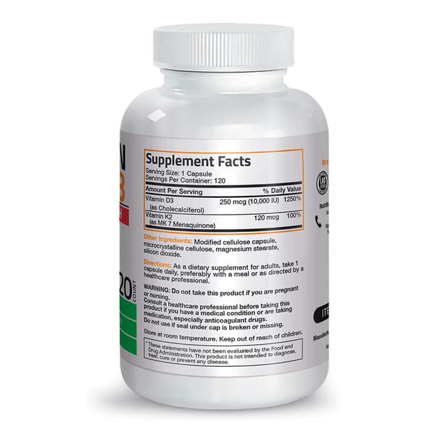 Bronson Витамин K2 (MK7) с дополнительной силовой добавкой D3 без ГМО 10 000 МЕ витамина D3 и 120 мкг витамина K2 MK-7 Витамин D и K, 120 капсул