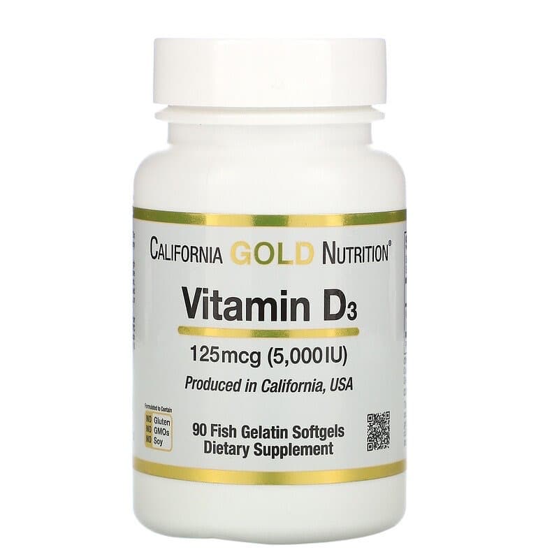 California Gold Nutrition, Витамин D3, 125 мкг (5000 МЕ), 90 рыбно-желатиновых мягких таблеток