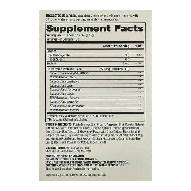Dr. Mercola, комплекс пробиотиков в виде порошка в пакетиках, натуральный малиновый вкус, 70 млрд КОЕ, 30 пакетиков, по 3,5 г