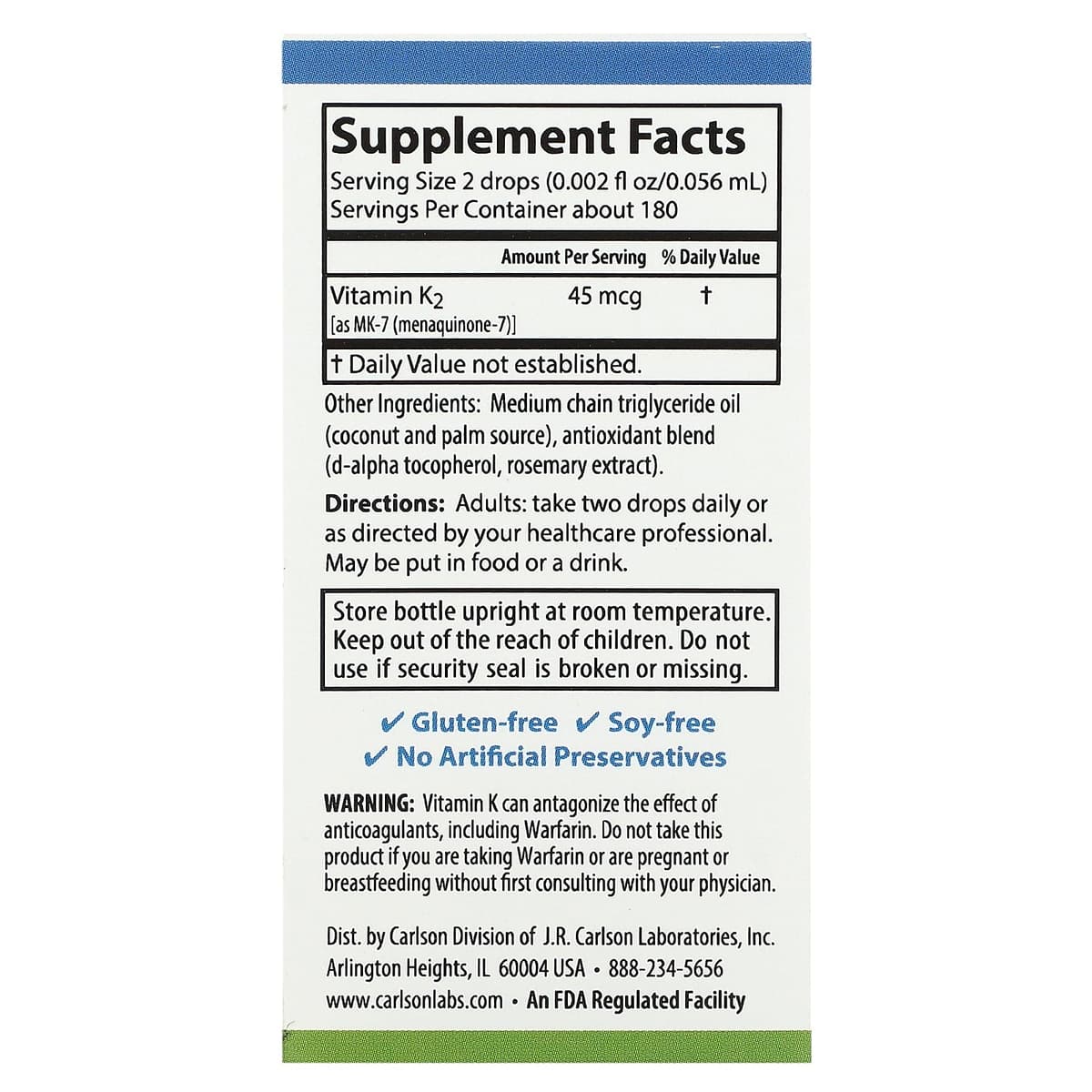 Carlson Labs, Super Daily K2, 45 мкг, 10,16 мл
