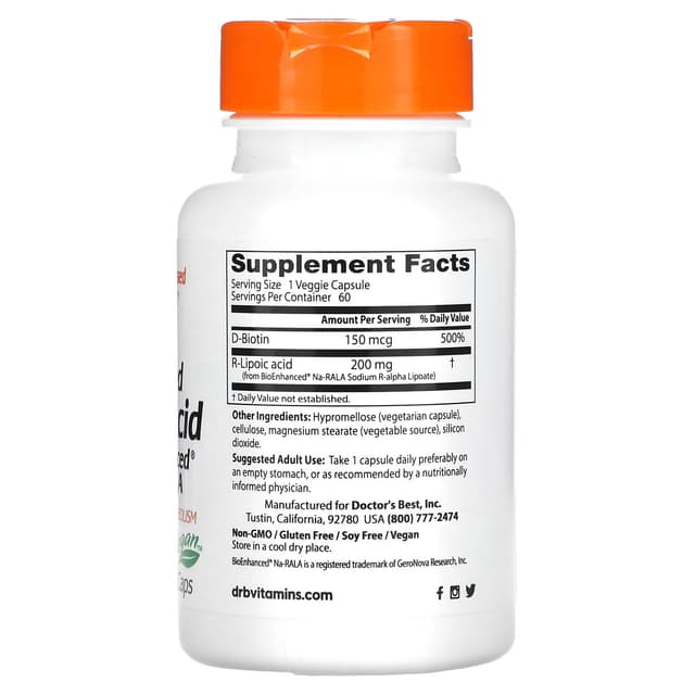 Doctor's Best, стабилизированная R-липоевая кислота с BioEnhanced Na-RALA, 200 мг, 60 вегетарианских капсул
