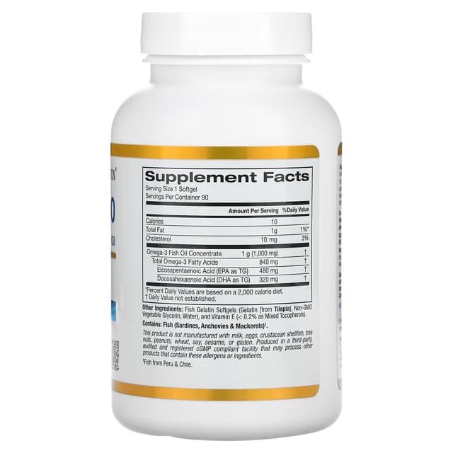 California Gold Nutrition, омега 800, рыбий жир фармацевтической степени чистоты, 80% ЭПК/ДГК, в форме триглицеридов, 1000 мг, 90 рыбно-желатиновых капсул