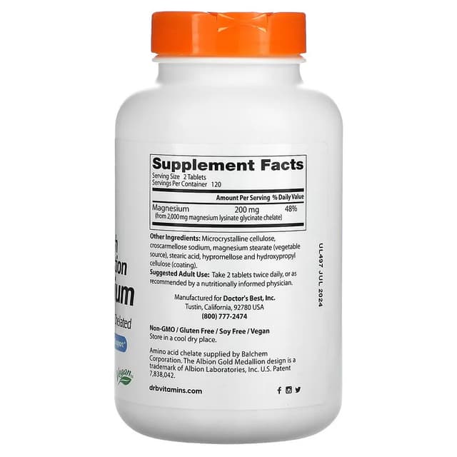 Doctor's Best, 100%-ный хелатный легкоусвояемый магний с микроэлементами Albion, 100 мг, 240 таблеток
