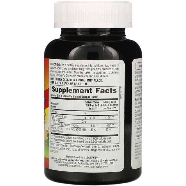 Nature's Plus, Source of Life, Animal Parade, витамин D3, со вкусом натуральной черемухи, 500 МЕ, 90 таблеток в форме животных