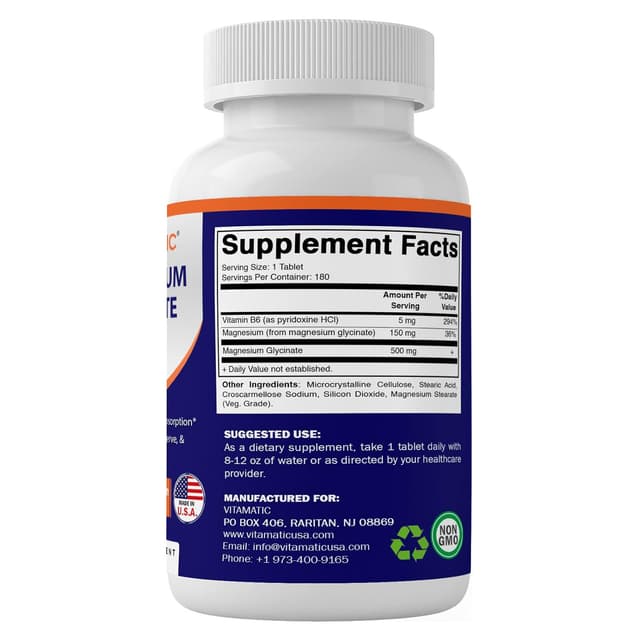 Vitamatic глицинат магния 500 мг – 180 таблеток – витамин B6 – поддерживает здоровье мышц, суставов и сердца