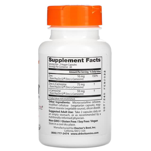 Doctor's Best, PepZin GI, комплекс цинк-L-карнозина, 120 вегетарианских капсул