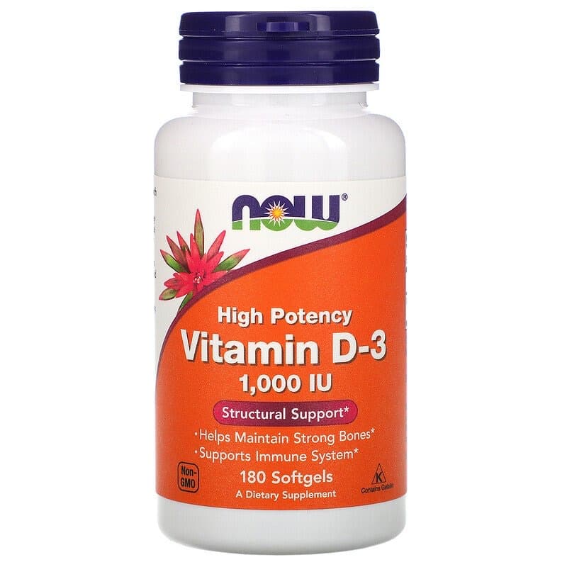 Now Foods, Витамин D3 High Potency, 25 мкг (1000 МЕ), 180 мягких таблеток