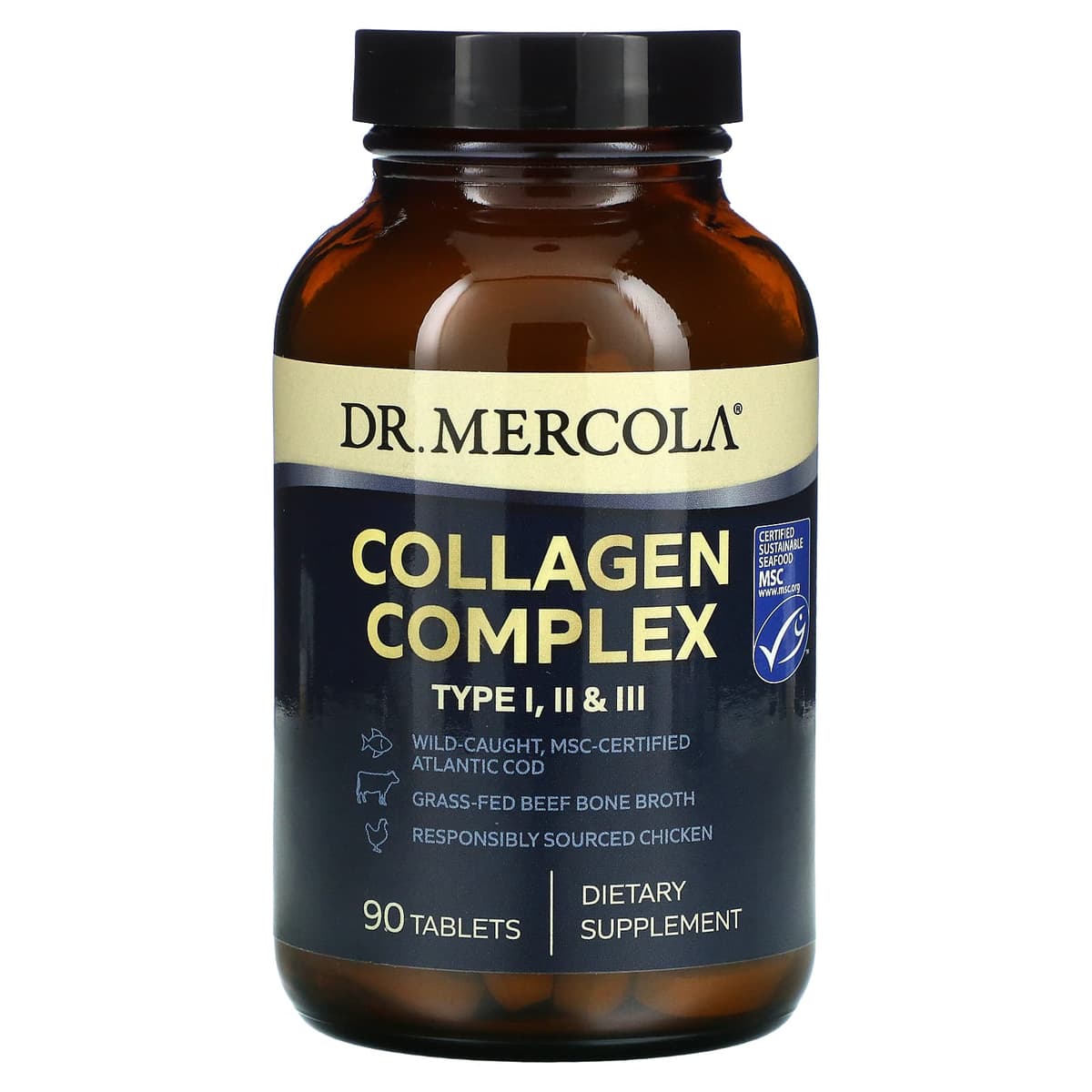 Dr. Mercola, Collagen Complex, комплекс премиального коллагена тип I, II и III, 90 таблеток