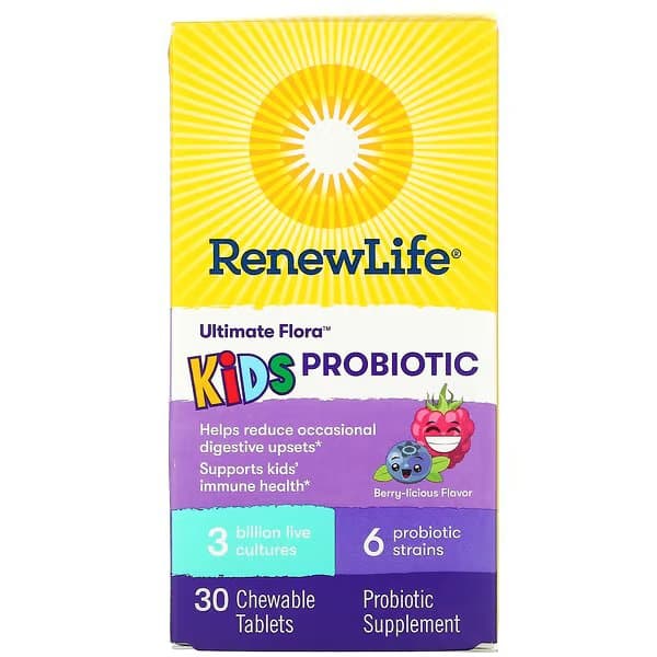 Renew Life, Ultimate Flora, пробиотик для детей, ягодный вкус, 3 млрд живых культур, 30 жевательных таблеток