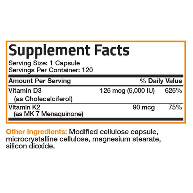 Витамин K2 (MK7) с добавкой D3 для здоровья костей и сердца Формула без ГМО 5000 МЕ витамина D3 и 90 мкг витамина K2 MK-7, 120 капсул