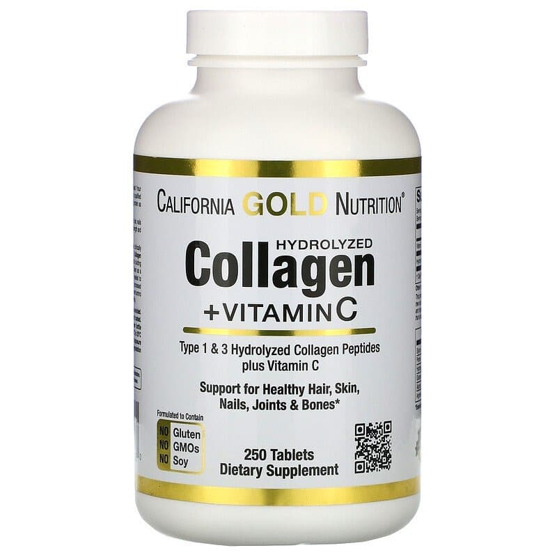 California Gold Nutrition, Пептиды гидролизованного коллагена + витамин C, типы 1 и 3, 250 таблеток