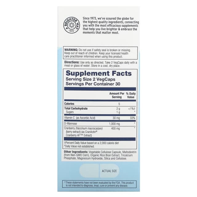 Solaray, D-манноза с CranActin, для здоровья мочевыводящих путей, 60 капсул