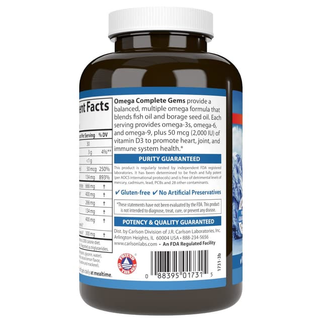 Carlson - Omega Complete Gems, Омега-3-6-9, пойманные в дикой природе, экологически чистые источники, здоровье сердца, поддержка функции суставов и иммунитета, 90 мягких таблеток
